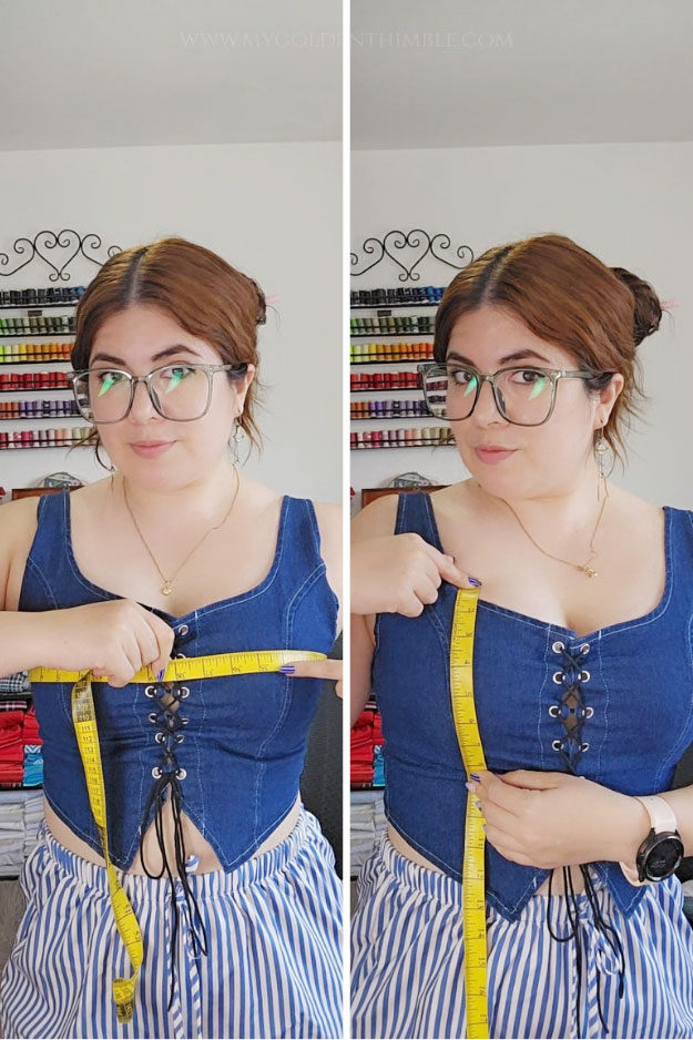 Measuring chest girth with a measuring tape to draft the Buttercup Bikini Top pattern.
Measuring bust height from the top to the bottom of the breast for the bikini top pattern.