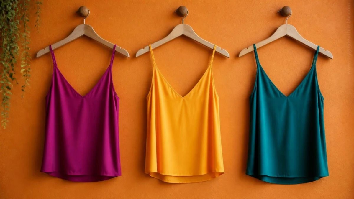 3 camisoles with v neckline made with free camisole patterns hanged in front of an orange wall