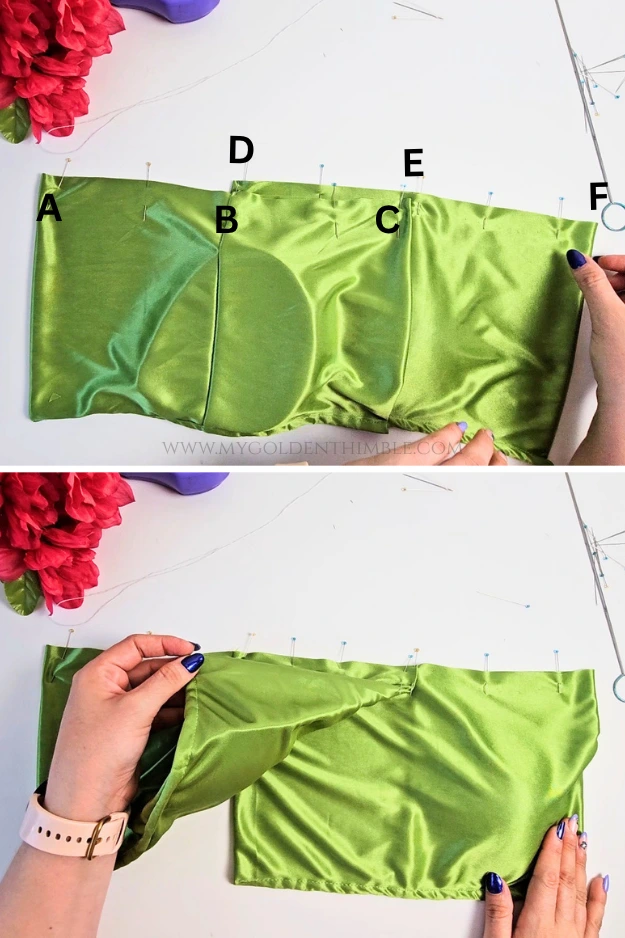Labeled diagram showing how to fold the fabric to create the twisted front.