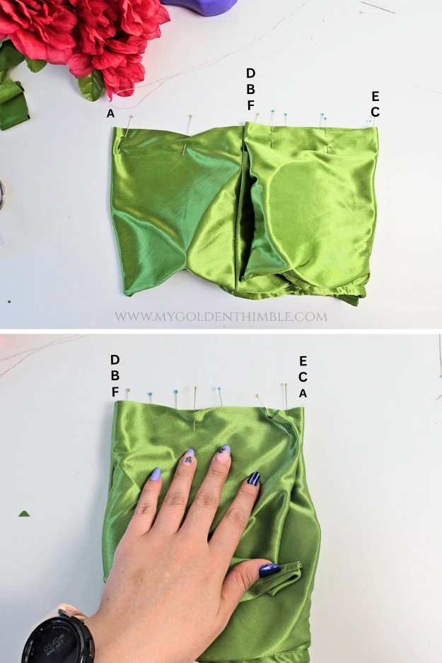 Labeled diagram showing how to fold the fabric to create the twisted front.