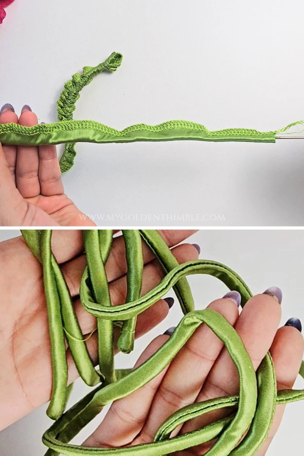 Turning the spaghetti strap right side out using a loop turner.