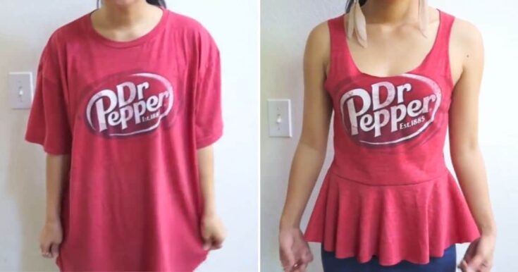 t-shirt alterations before and after, on the left oversized t-shirt and on the right peplum t-shirt