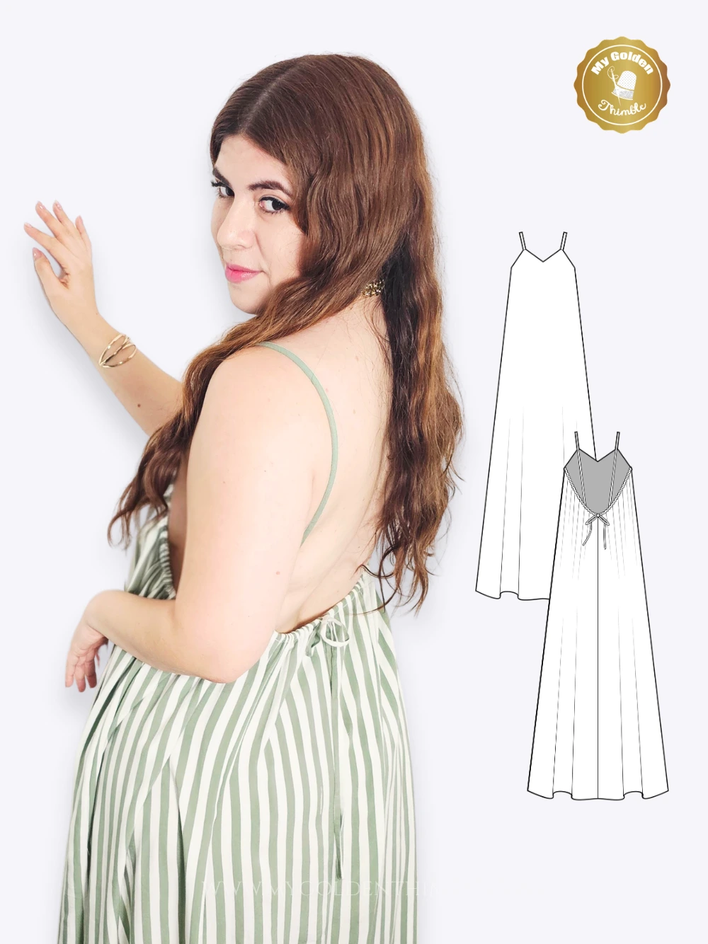 Canna Dress sewing pattern worn by a woman showing the side view and relaxed, flowy silhouette with green and white striped fabric.