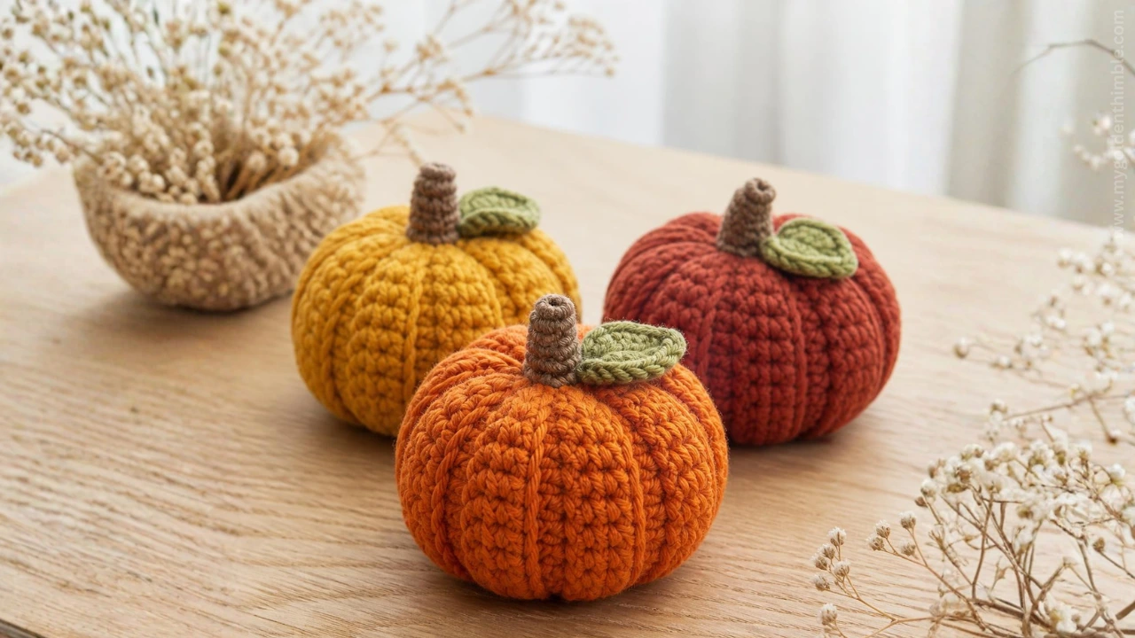 Crocheted Pumpkins on a wooden table