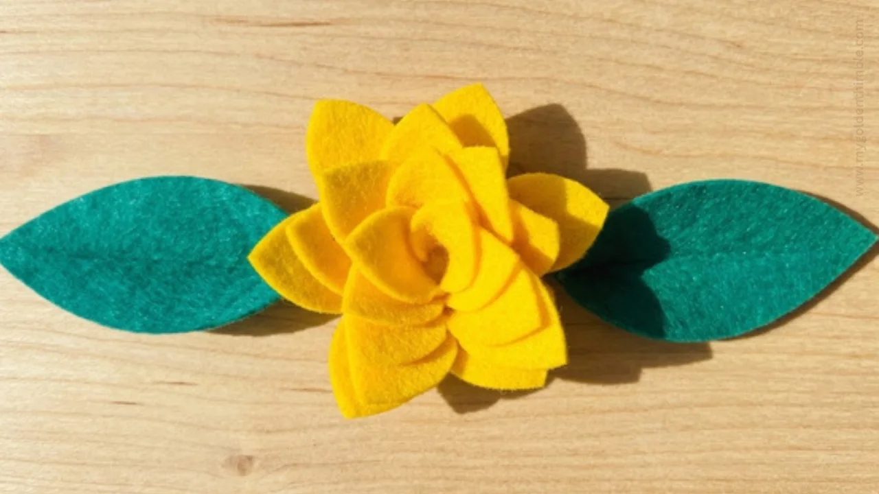 Yellow Rolled Felt Flower DIY with green leaves