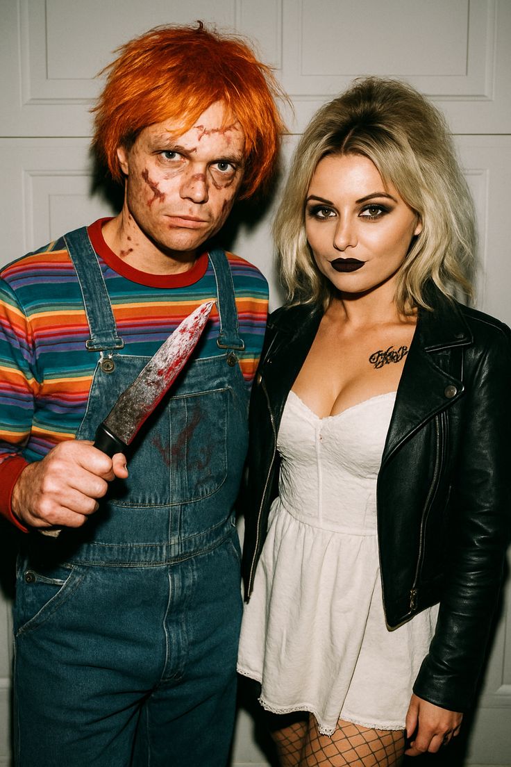 couple wearing handmade costumes of chucky's bride