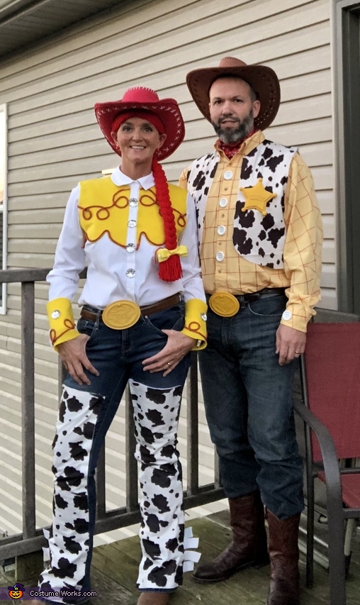 Two people dressed as Jessie and Woody from Toy Story with DIY Halloween Costumes