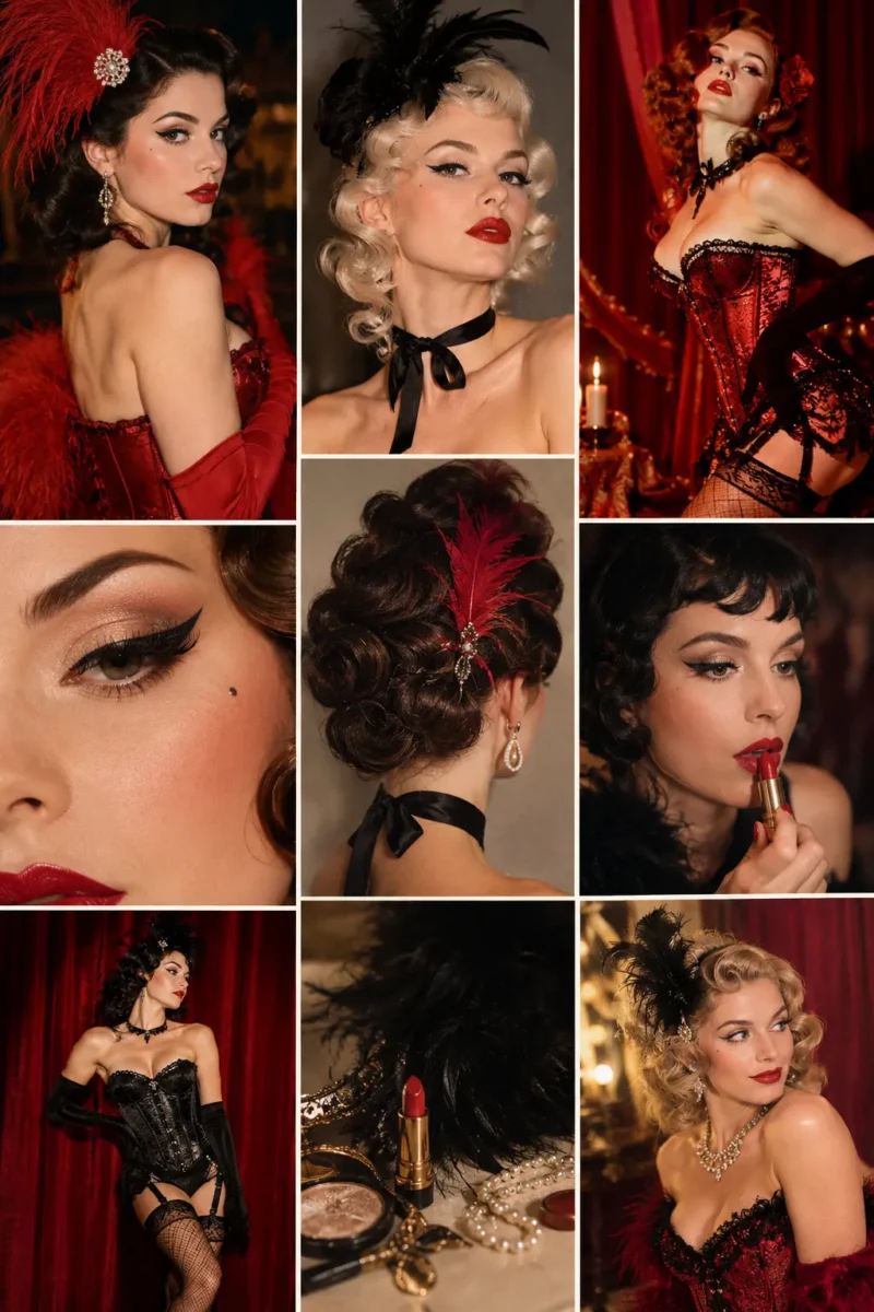 Collage showing various elements and accessories for a DIY burlesque girl costume, including feather headbands, corsets, heels