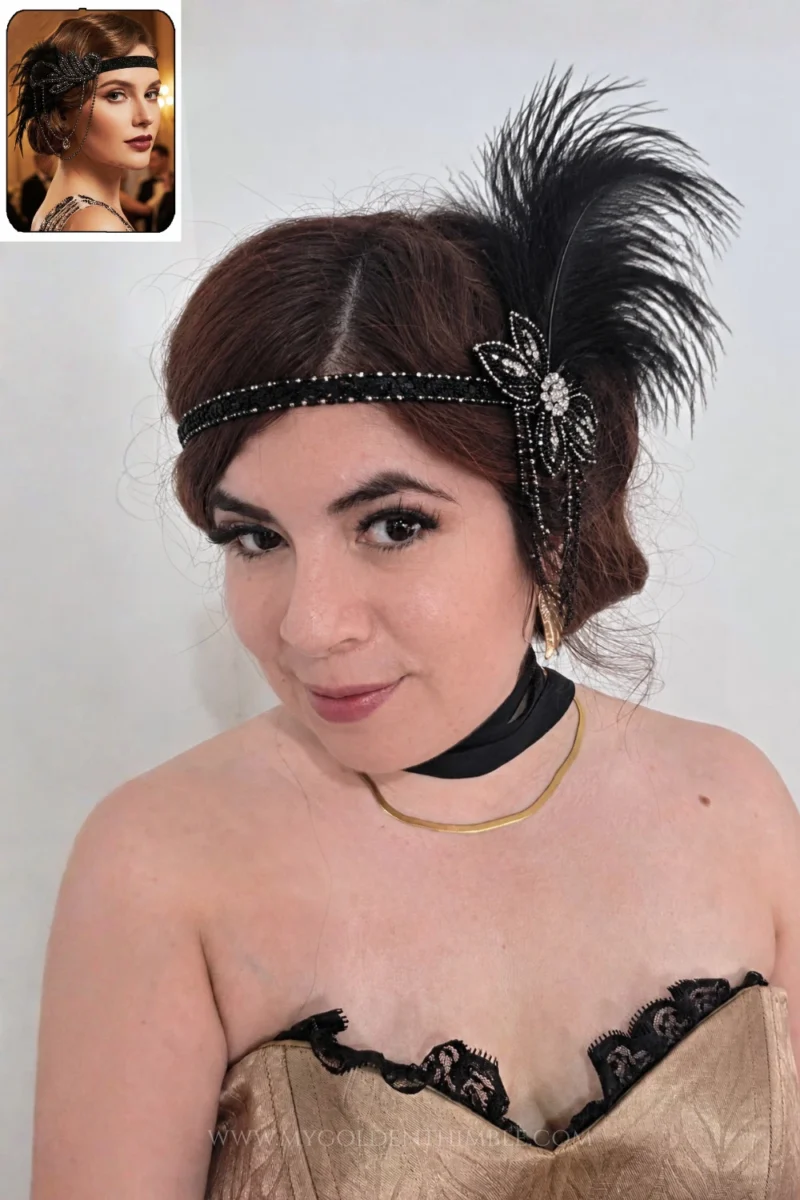 Close-up of a woman wearing a gold satin corset, black choker, and a feathered hair accessory.