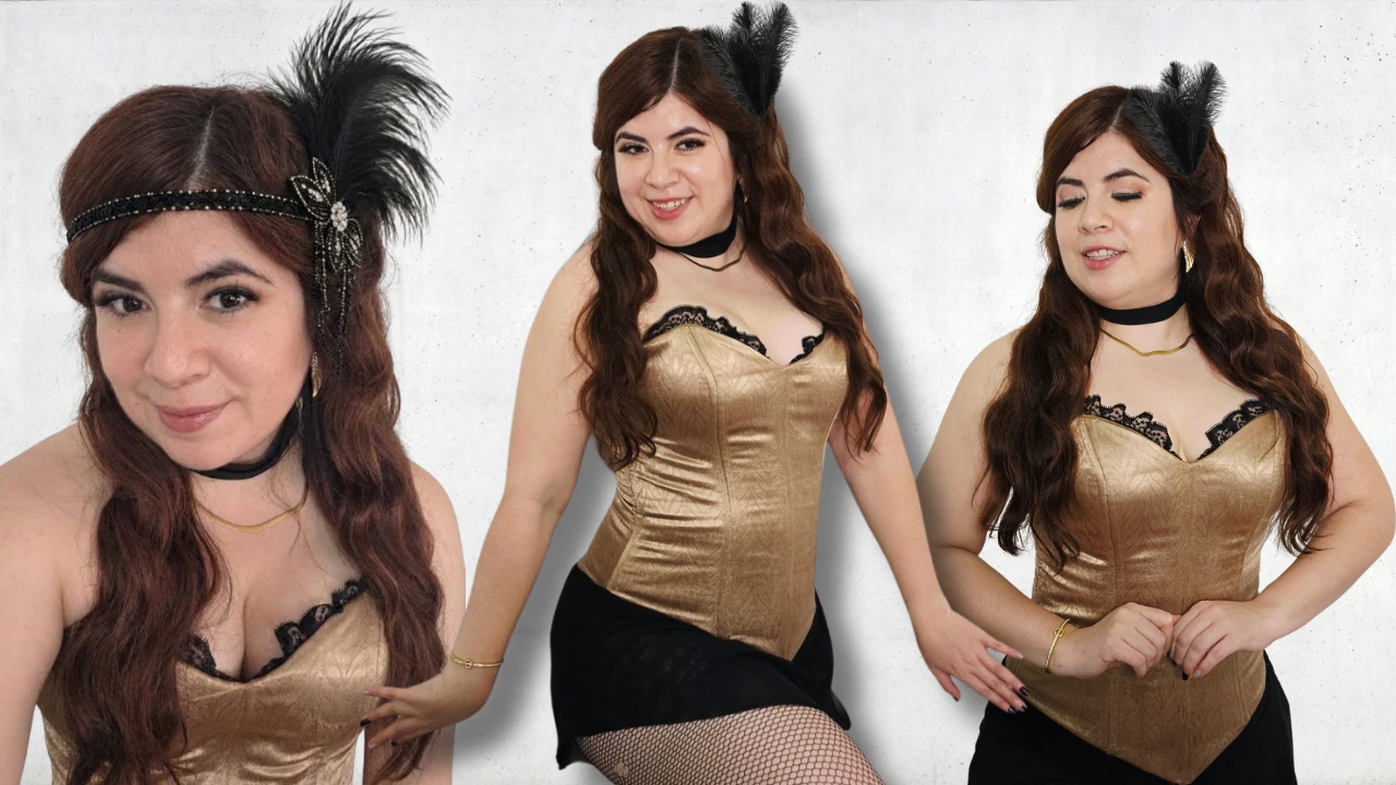 Horizontal collage showing three different angles of a woman wearing a DIY burlesque girl costume and feather headpiece.