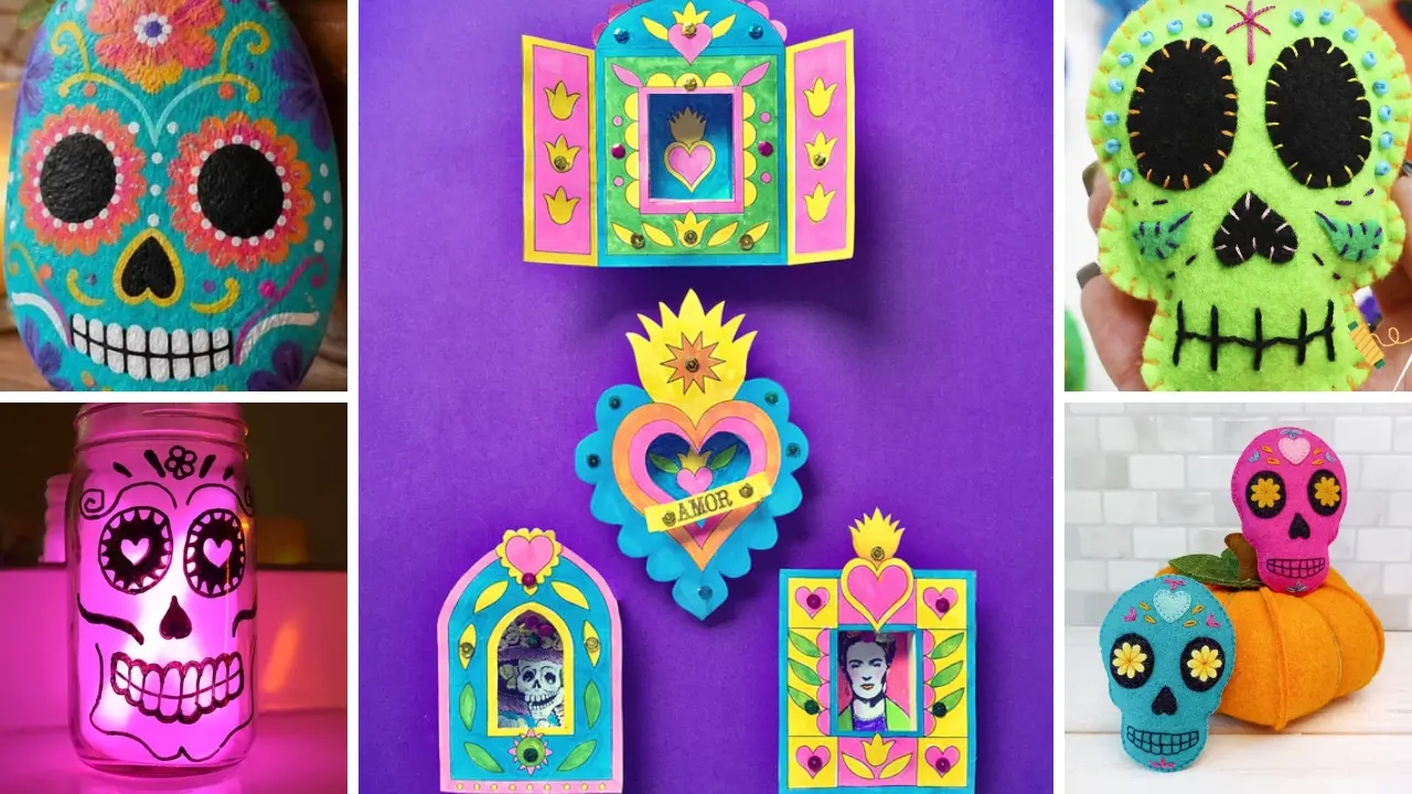 Grid collage featuring various colorful Day of the Dead craft ideas including sugar skulls and paper shrines.