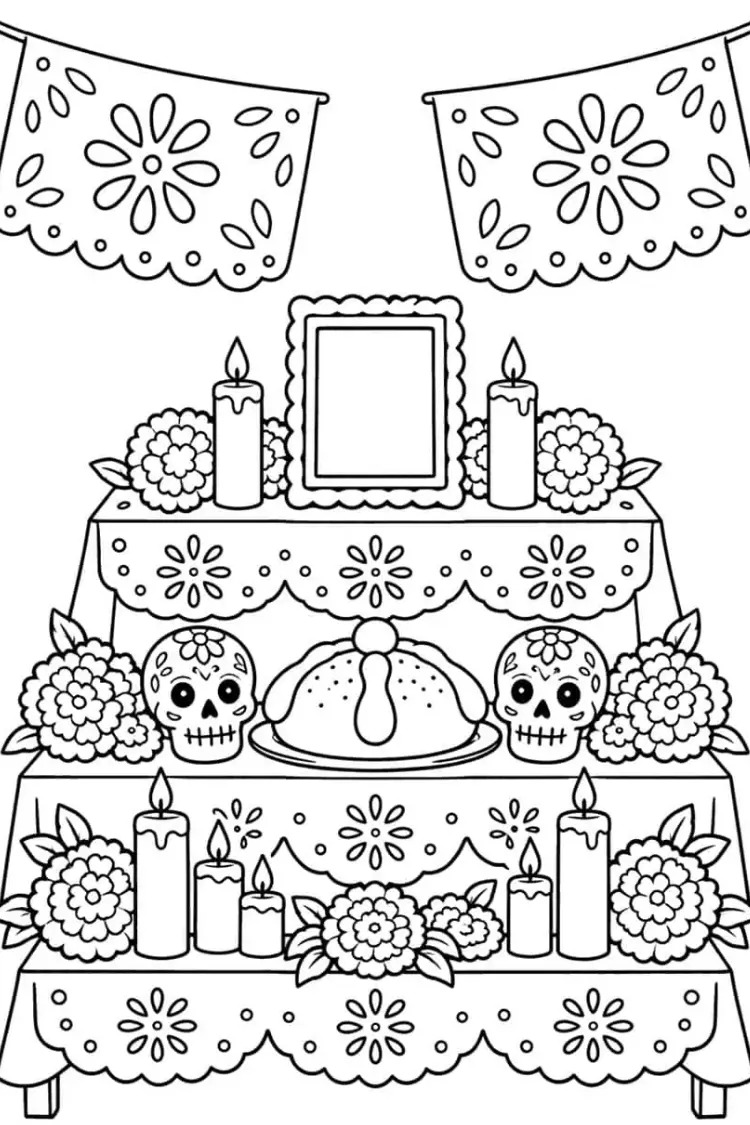 Black and white printable coloring page depicting a traditional Day of the Dead altar or ofrenda.