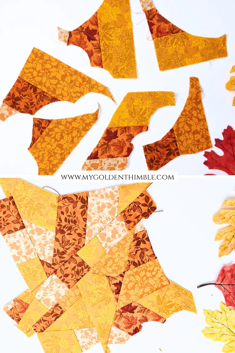 craps of orange printed fall fabric sewn together in a patchwork block with a paper ghost template.