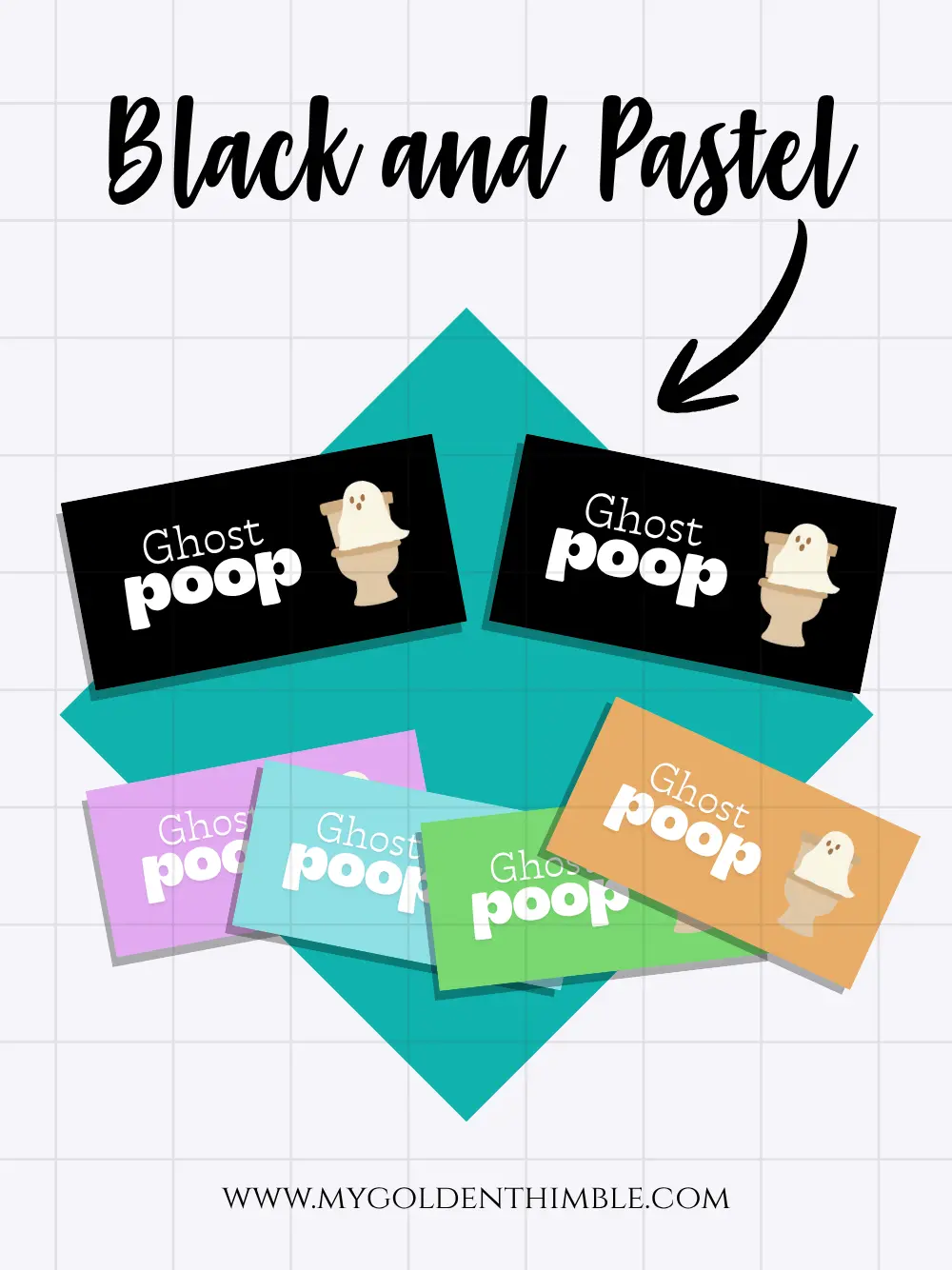 Labels for favors with the leyend "Ghost Poop" some in black and some in pastel colors