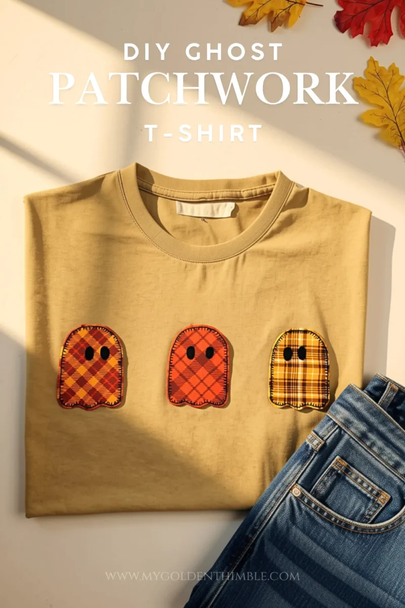 Flat-lay arrangement of the beige ghost applique t-shirt alongside denim jeans, titled "DIY Ghost Patchwork T-Shirt".