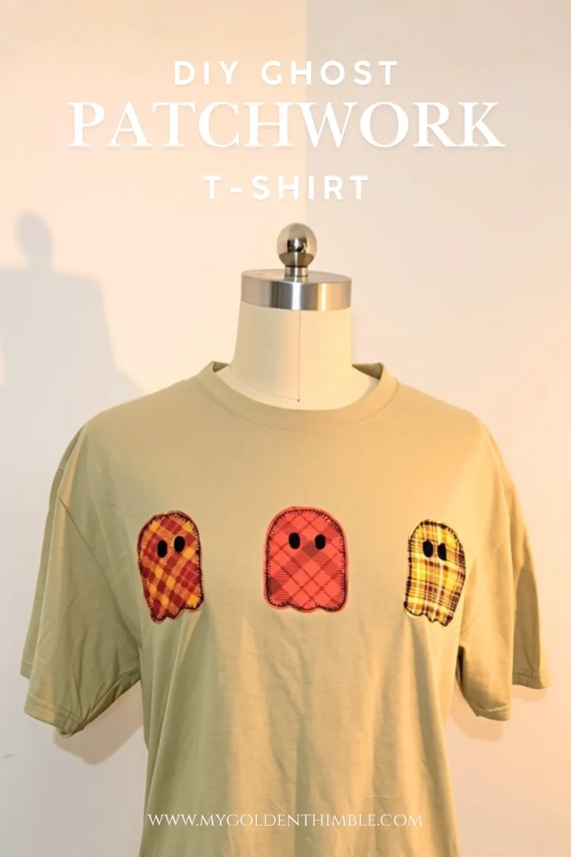 DIY Ghost Patchwork T-Shirt featured on a dress form mannequin against a beige studio backdrop.