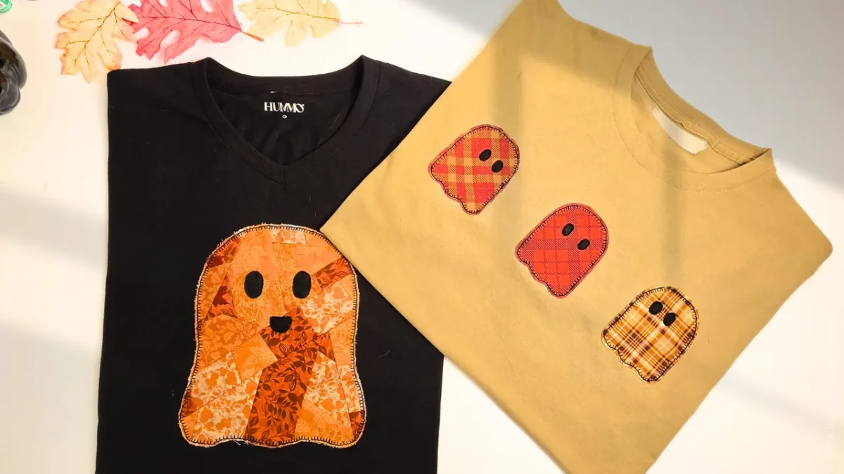 Side-by-side comparison of a black dog-themed applique shirt and the beige ghost applique t-shirt.