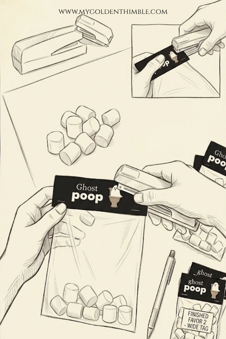 Step-by-step diagram showing how to attach and staple the printed black paper tag onto the marshmallow-filled bag.