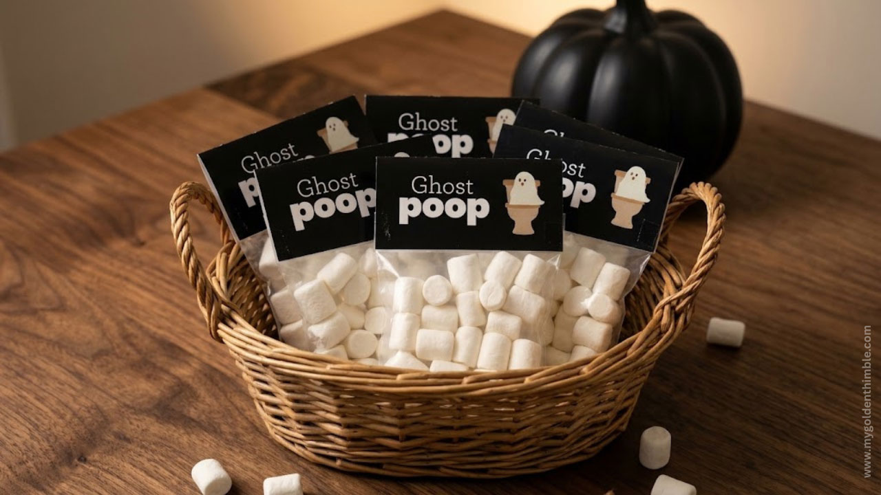 A woven basket filled with handmade Halloween 'Ghost Poop' treat bags filled with mini white marshmallows, arranged on a dark wooden table next to a black pumpkin and scattered marshmallows.