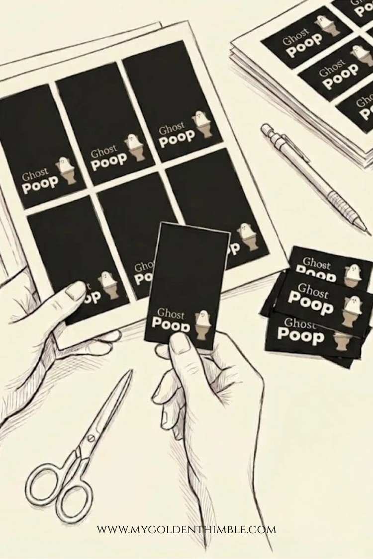 Illustrated instruction guide showing printed black 'Ghost Poop' bag topper sheets, pair of scissors, and hands cutting out the tags