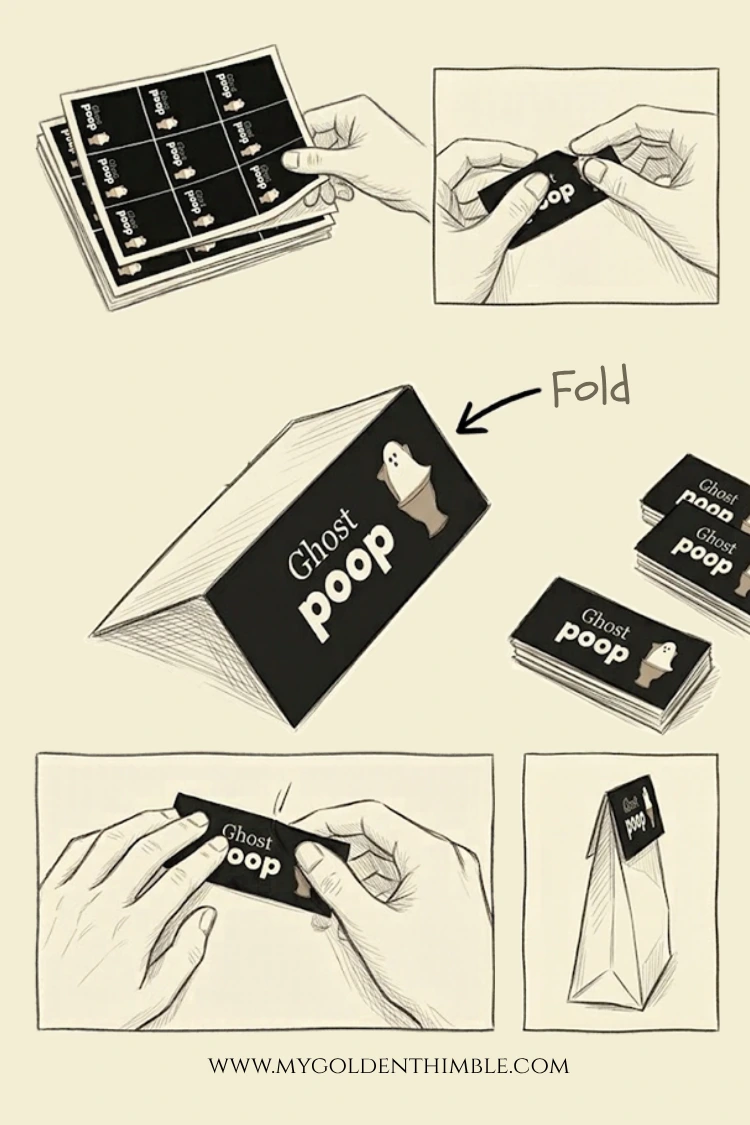 Illustration showing how to fold the printed black tag over the top of a clear plastic bag to assemble the 'Ghost Poop' Halloween favor.