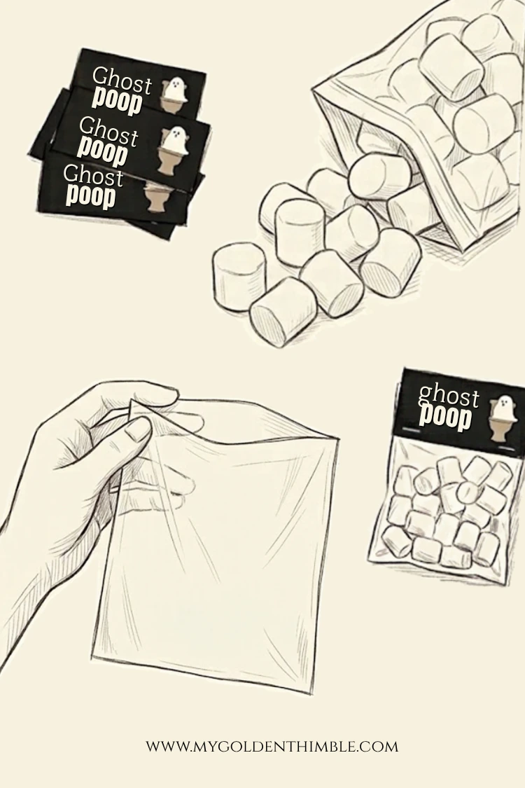 Illustration showing how to fold the printed black tag over the top of a clear plastic bag to assemble the 'Ghost Poop' Halloween favor.